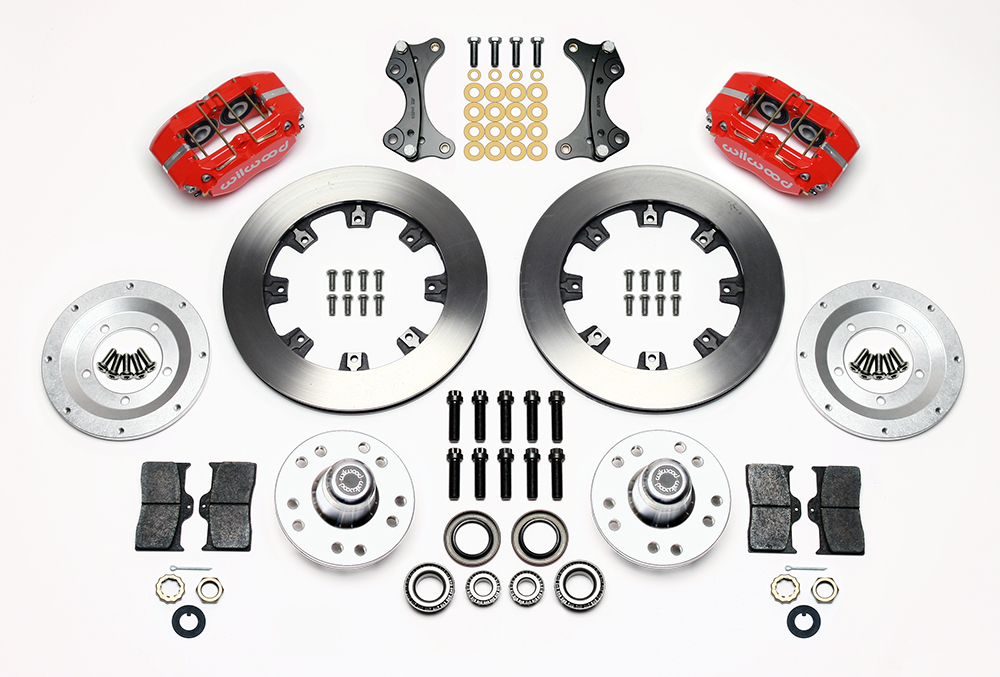 Wilwood Dynapro Dust-Boot Big Brake Front Brake Kit (Hub) Parts Laid Out - Red Powder Coat Caliper - Plain Face Rotor