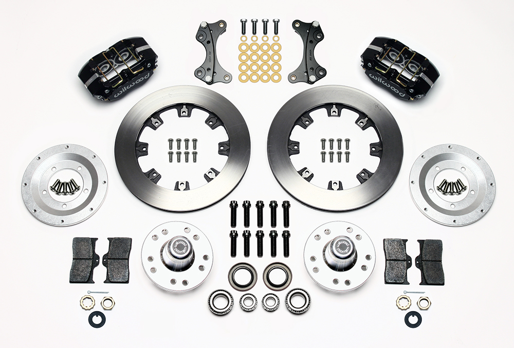 Wilwood Dynapro Dust-Boot Big Brake Front Brake Kit (Hub) Parts Laid Out - Black Powder Coat Caliper - Plain Face Rotor