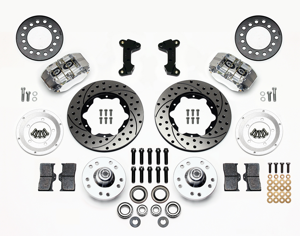 Wilwood Dynapro Dust-Boot Pro Series Front Brake Kit Parts Laid Out - Polish Caliper - SRP Drilled & Slotted Rotor