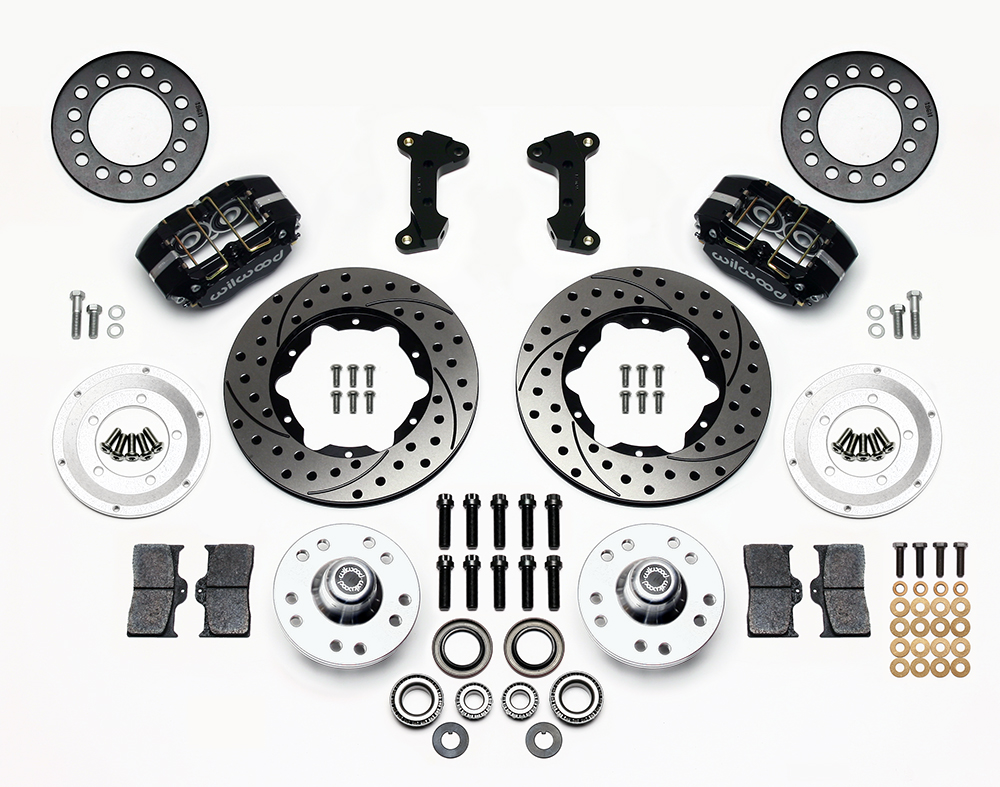 Wilwood Dynapro Dust-Boot Pro Series Front Brake Kit Parts Laid Out - Black Powder Coat Caliper - SRP Drilled & Slotted Rotor