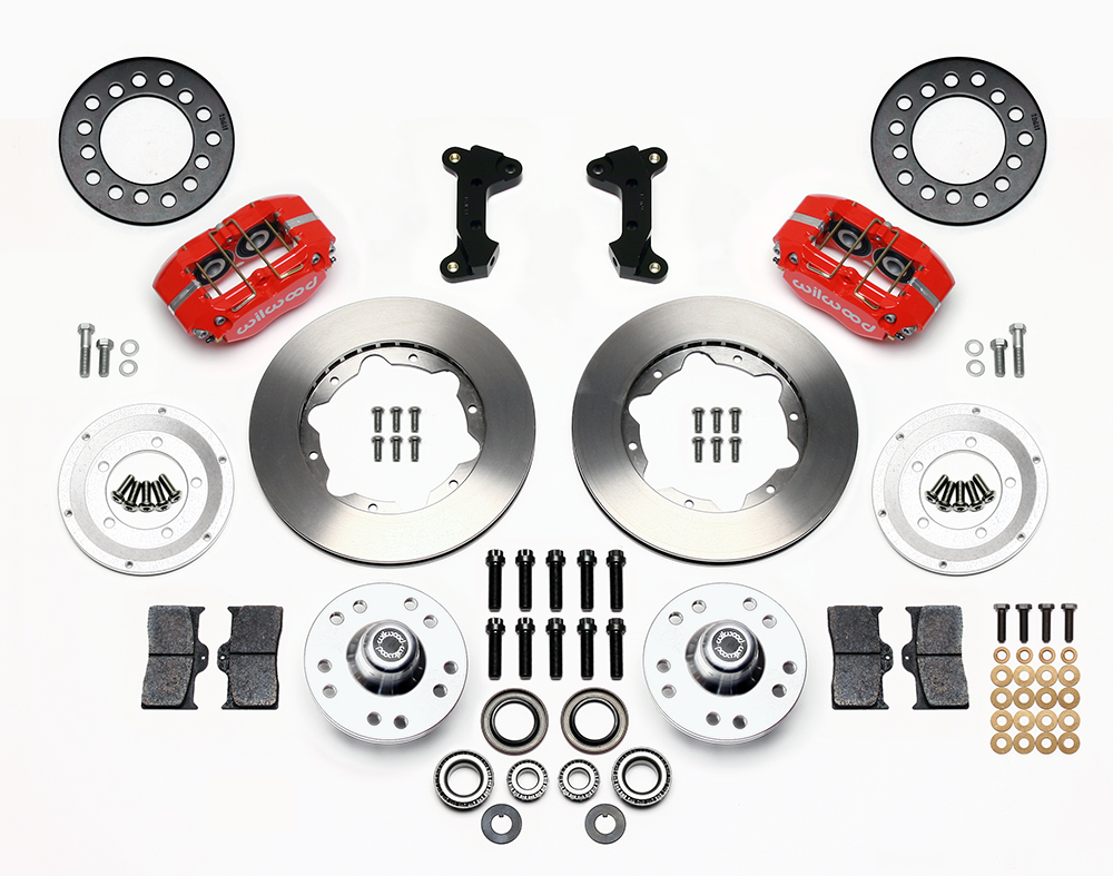 Wilwood Dynapro Dust-Boot Pro Series Front Brake Kit Parts Laid Out - Red Powder Coat Caliper - Plain Face Rotor