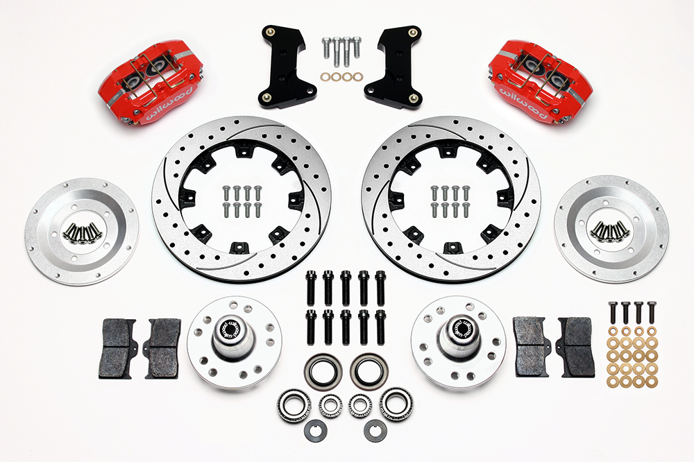 Wilwood Dynapro Dust-Boot Big Brake Front Brake Kit (Hub) Parts Laid Out - Red Powder Coat Caliper - SRP Drilled & Slotted Rotor