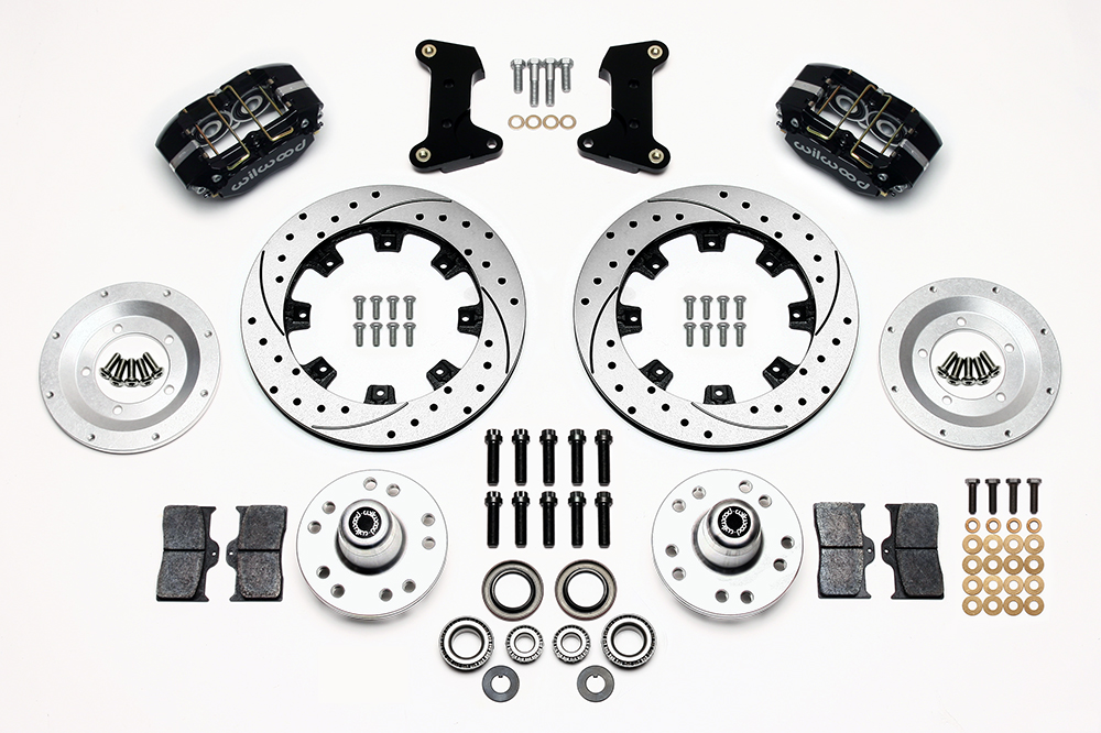 Wilwood Dynapro Dust-Boot Big Brake Front Brake Kit (Hub) Parts Laid Out - Black Powder Coat Caliper - SRP Drilled & Slotted Rotor