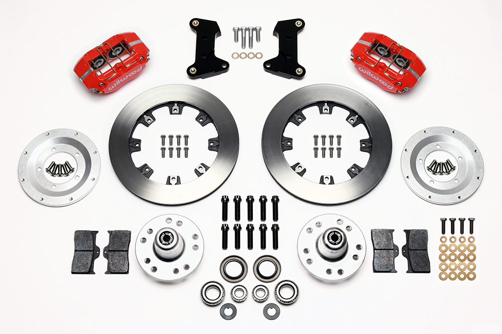 Wilwood Dynapro Dust-Boot Big Brake Front Brake Kit (Hub) Parts Laid Out - Red Powder Coat Caliper - Plain Face Rotor