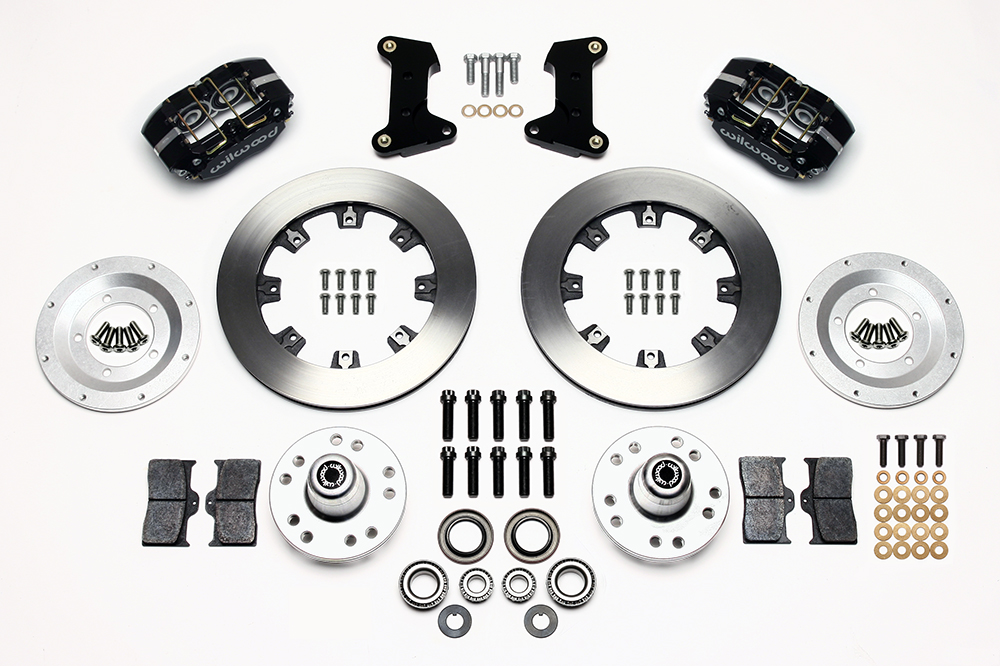 Wilwood Dynapro Dust-Boot Big Brake Front Brake Kit (Hub) Parts Laid Out - Black Powder Coat Caliper - Plain Face Rotor