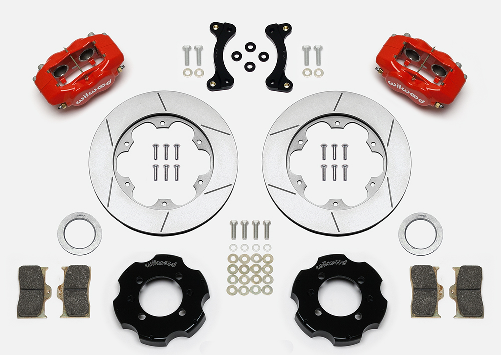 Wilwood Forged Dynalite Big Brake Front Brake Kit (Hat) Parts Laid Out - Red Powder Coat Caliper - GT Slotted Rotor