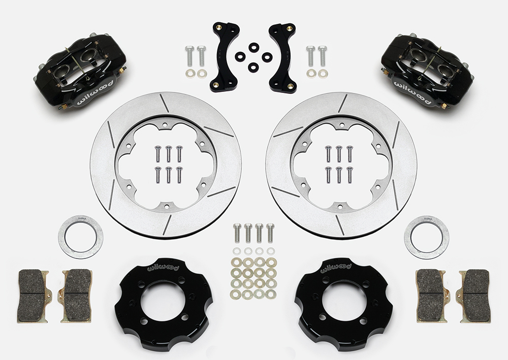 Wilwood Forged Dynalite Big Brake Front Brake Kit (Hat) Parts Laid Out - Black Powder Coat Caliper - GT Slotted Rotor