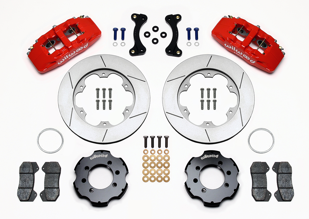Wilwood Forged Dynapro 6 Big Brake Front Brake Kit (Hat) Parts Laid Out - Red Powder Coat Caliper - GT Slotted Rotor