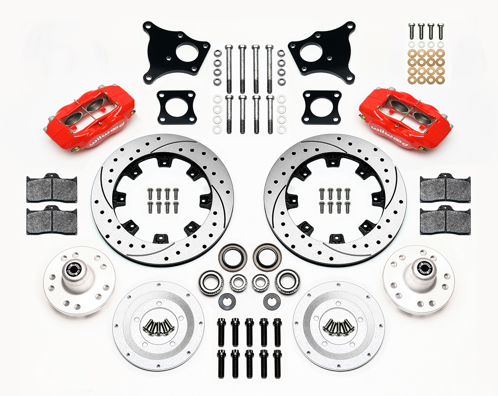 Wilwood Forged Dynalite Big Brake Front Brake Kit (Hub) Parts Laid Out - Red Powder Coat Caliper - SRP Drilled & Slotted Rotor