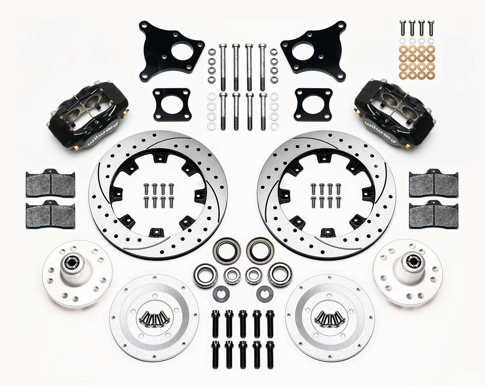 Wilwood Forged Dynalite Big Brake Front Brake Kit (Hub) Parts Laid Out - Black Powder Coat Caliper - SRP Drilled & Slotted Rotor