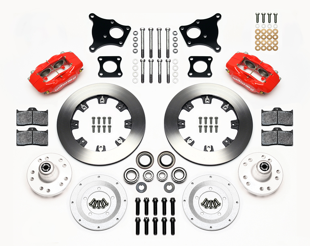 Wilwood Forged Dynalite Big Brake Front Brake Kit (Hub) Parts Laid Out - Red Powder Coat Caliper - Plain Face Rotor