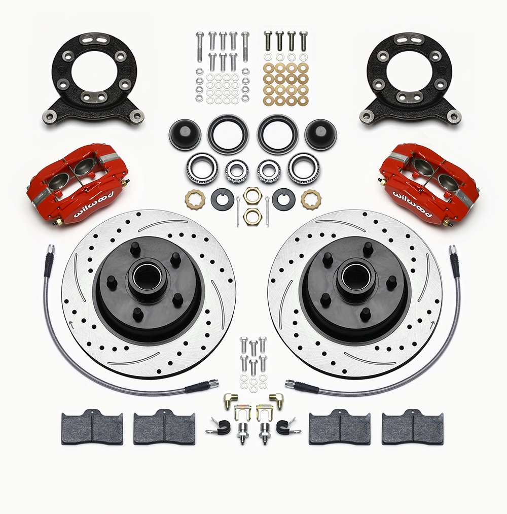 Wilwood Classic Series Dynalite Front Brake Kit Parts Laid Out - Red Powder Coat Caliper - SRP Drilled & Slotted Rotor