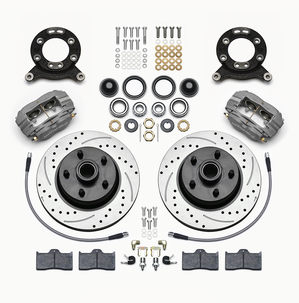 Wilwood Classic Series Dynalite Front Brake Kit Parts Laid Out - Type III Anodize Caliper - SRP Drilled & Slotted Rotor