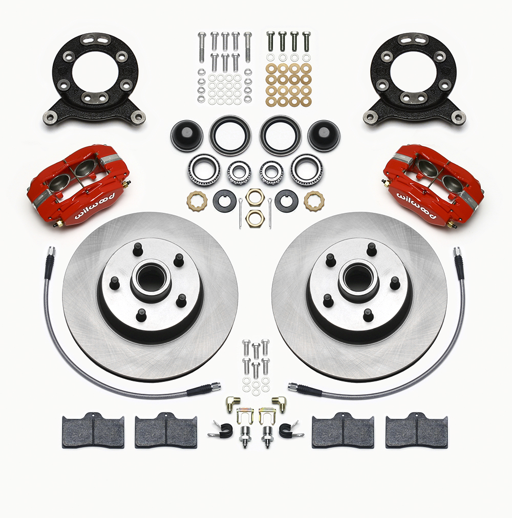 Wilwood Classic Series Dynalite Front Brake Kit Parts Laid Out - Red Powder Coat Caliper - Plain Face Rotor