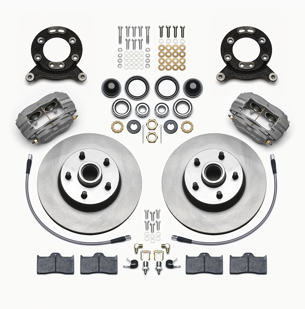 Wilwood Classic Series Dynalite Front Brake Kit Parts Laid Out - Type III Anodize Caliper - Plain Face Rotor