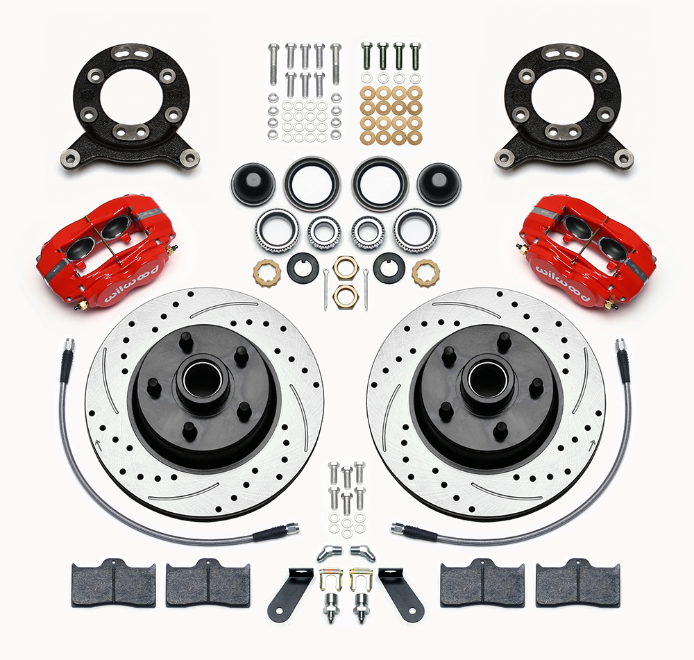 Wilwood Classic Series Dynalite Front Brake Kit Parts Laid Out - Red Powder Coat Caliper - SRP Drilled & Slotted Rotor