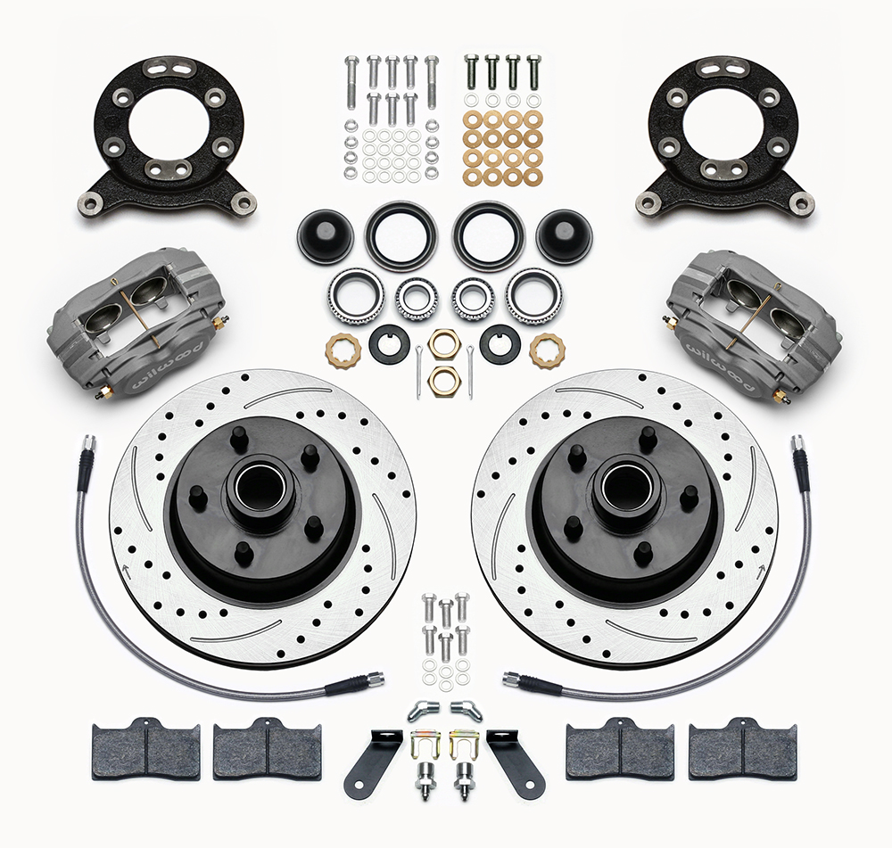 Wilwood Classic Series Dynalite Front Brake Kit Parts Laid Out - Type III Anodize Caliper - SRP Drilled & Slotted Rotor