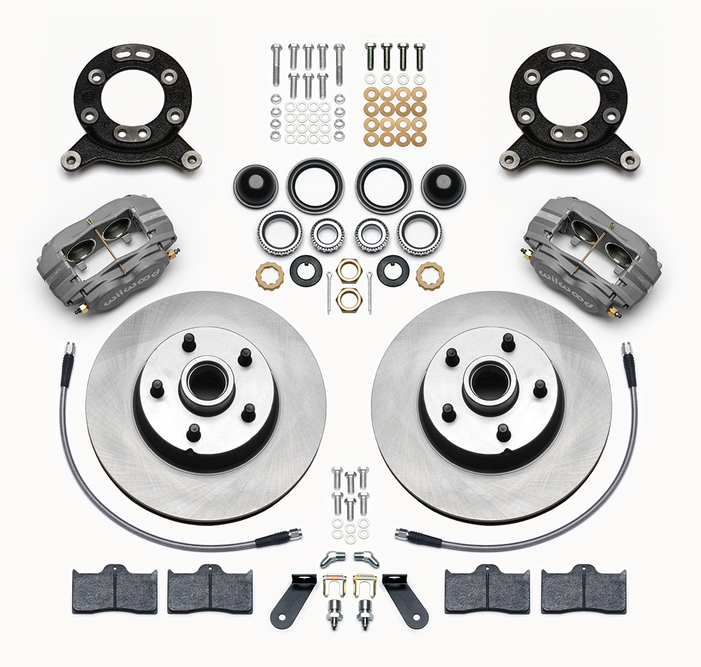 Wilwood Classic Series Dynalite Front Brake Kit Parts Laid Out - Type III Anodize Caliper - Plain Face Rotor