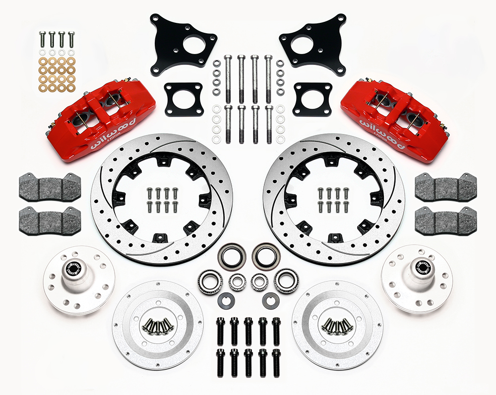 Wilwood Forged Dynapro 6 Big Brake Front Brake Kit (Hub) Parts Laid Out - Red Powder Coat Caliper - SRP Drilled & Slotted Rotor