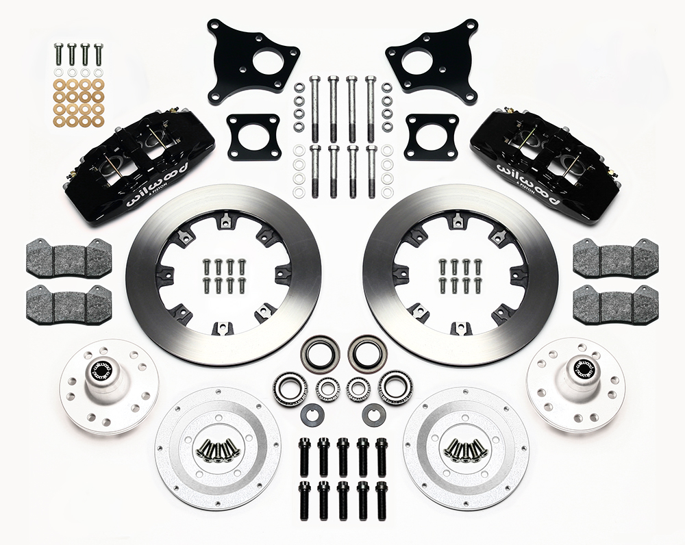 Wilwood Forged Dynapro 6 Big Brake Front Brake Kit (Hub) Parts Laid Out - Black Powder Coat Caliper - Plain Face Rotor