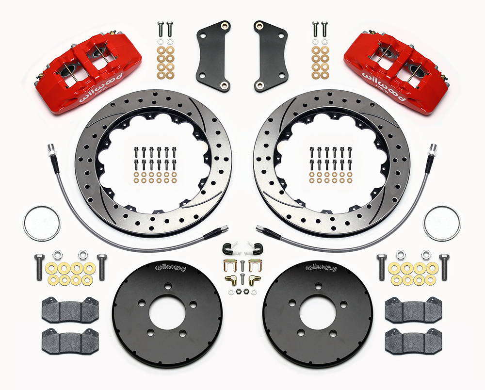 Wilwood Forged Dynapro 6 Big Brake Front Brake Kit (Hat) Parts Laid Out - Red Powder Coat Caliper - SRP Drilled & Slotted Rotor