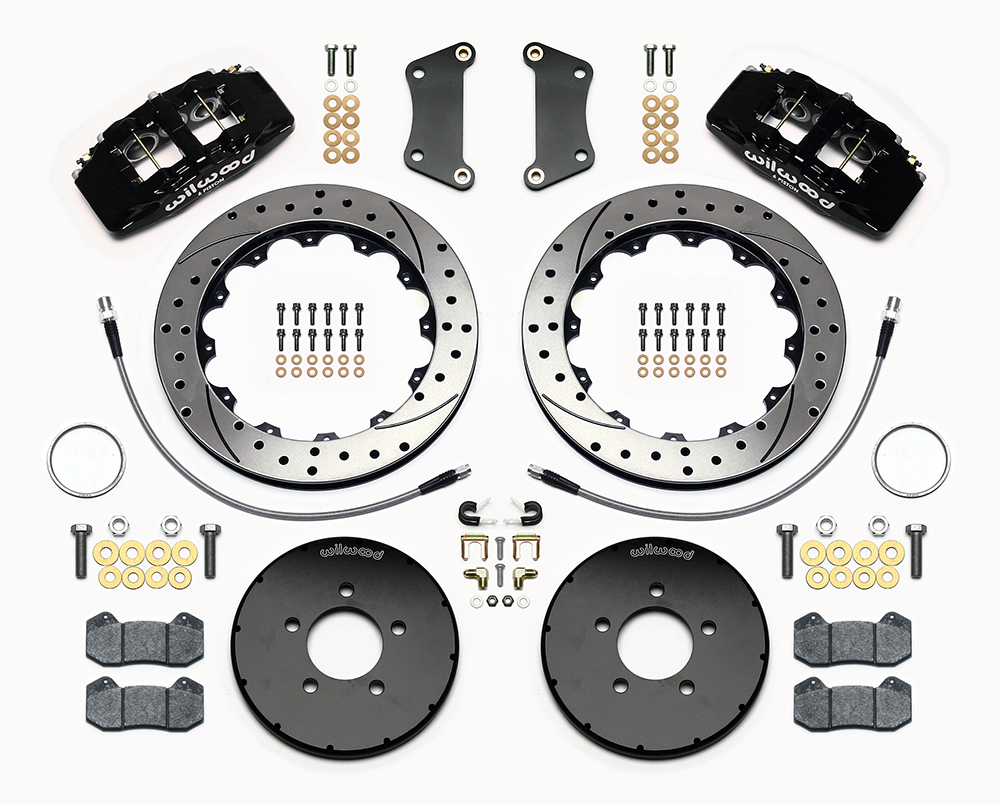 Wilwood Forged Dynapro 6 Big Brake Front Brake Kit (Hat) Parts Laid Out - Black Powder Coat Caliper - SRP Drilled & Slotted Rotor