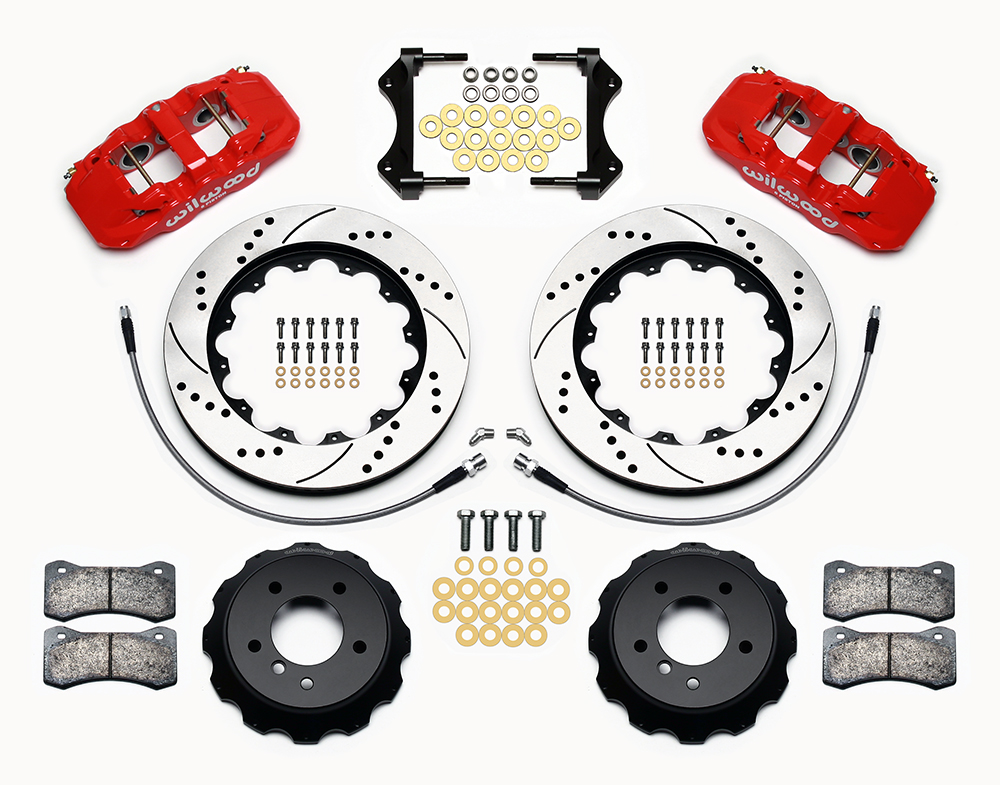 Wilwood AERO6 Big Brake Front Brake Kit Parts Laid Out - Red Powder Coat Caliper - SRP Drilled & Slotted Rotor