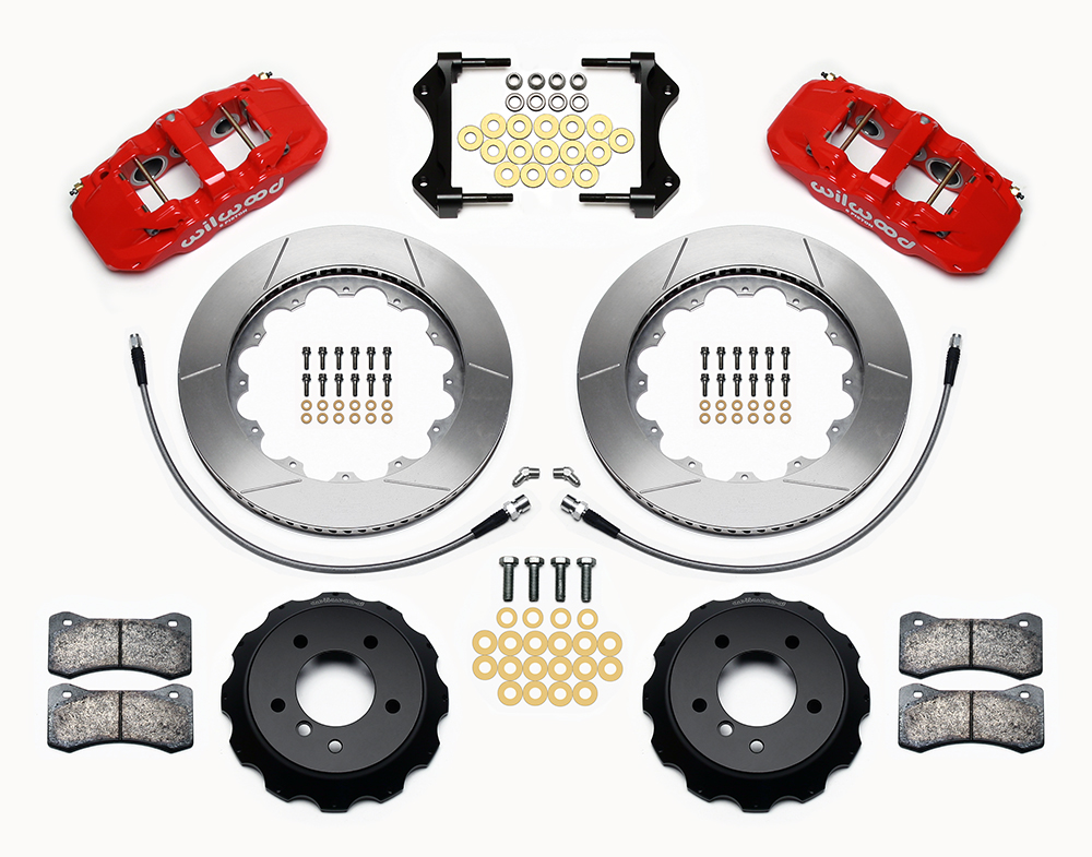 Wilwood AERO6 Big Brake Front Brake Kit Parts Laid Out - Red Powder Coat Caliper - GT Slotted Rotor