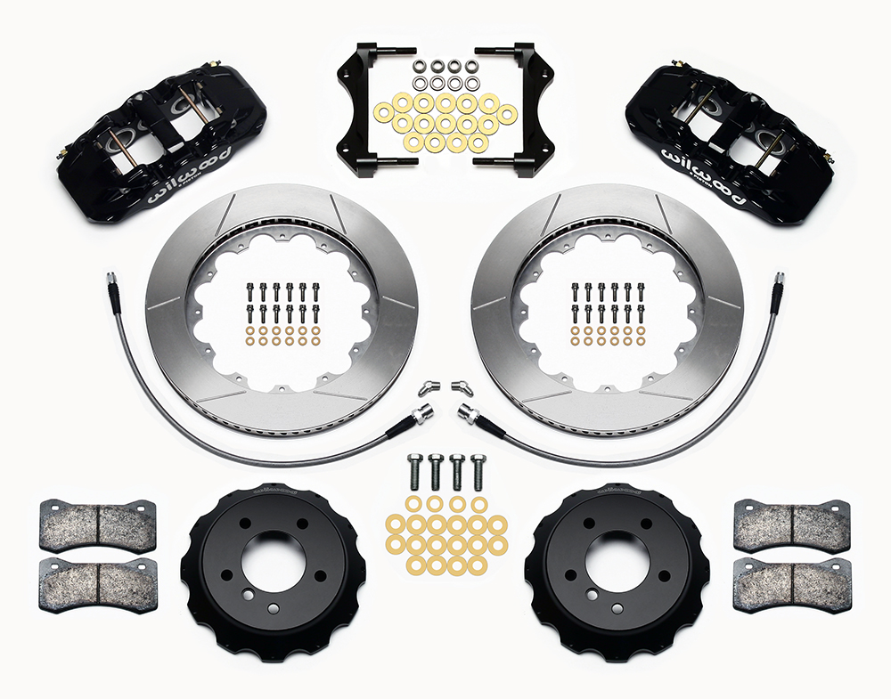 Wilwood AERO6 Big Brake Front Brake Kit Parts Laid Out - Black Powder Coat Caliper - GT Slotted Rotor