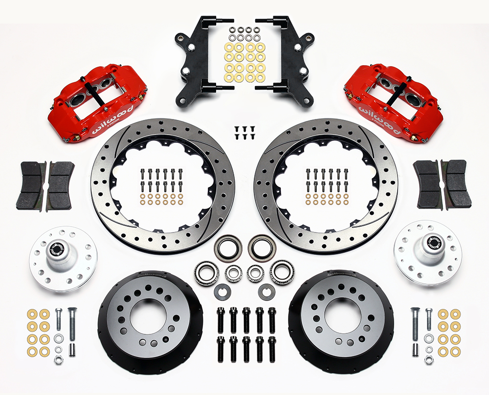 Wilwood Forged Narrow Superlite 6R Big Brake Front Brake Kit (Hub) Parts Laid Out - Red Powder Coat Caliper - SRP Drilled & Slotted Rotor