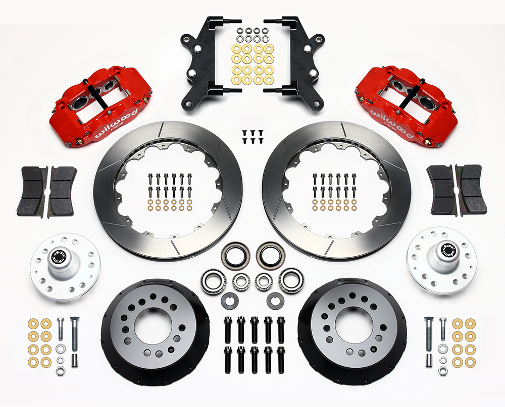 Wilwood Forged Narrow Superlite 6R Big Brake Front Brake Kit (Hub) Parts Laid Out - Red Powder Coat Caliper - GT Slotted Rotor