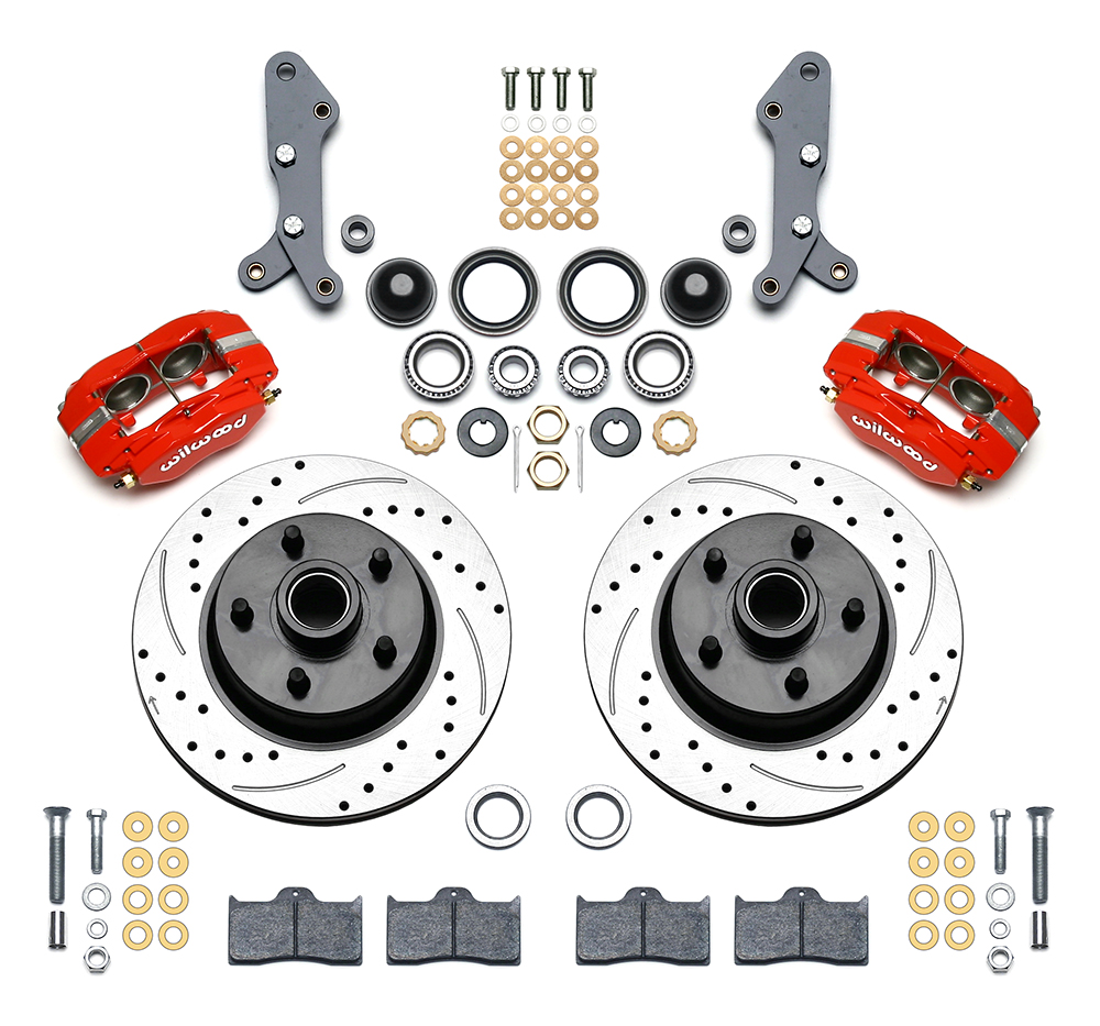 Wilwood Classic Series Dynalite Front Brake Kit Parts Laid Out - Red Powder Coat Caliper - SRP Drilled & Slotted Rotor