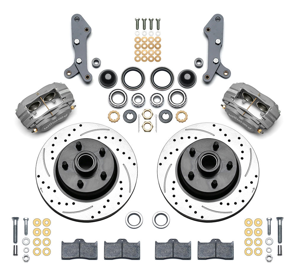 Wilwood Classic Series Dynalite Front Brake Kit Parts Laid Out - Type III Ano Caliper - SRP Drilled & Slotted Rotor