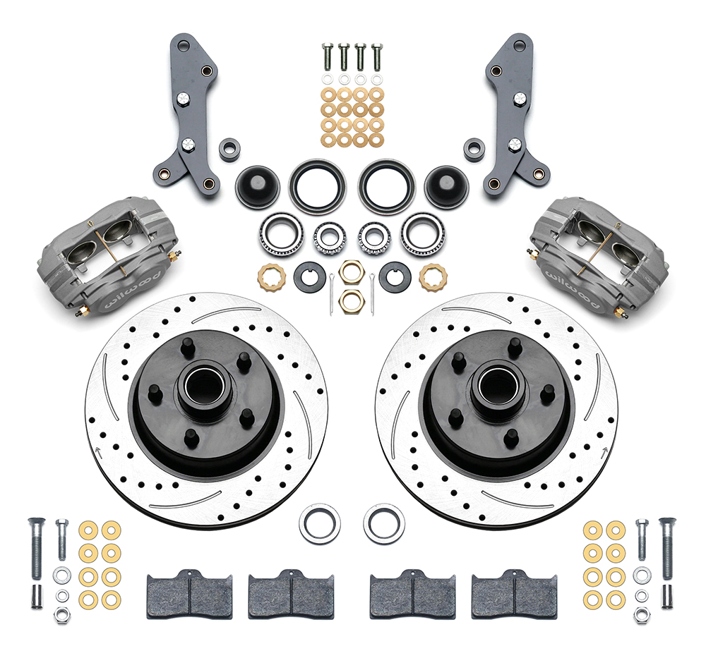 Wilwood Classic Series Dynalite Front Brake Kit Parts Laid Out - SRP Drilled & Slotted Rotor