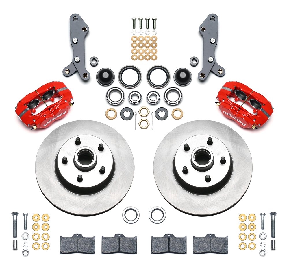 Wilwood Classic Series Dynalite Front Brake Kit Parts Laid Out - Red Powder Coat Caliper - Plain Face Rotor