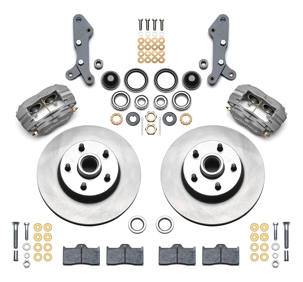 Wilwood Classic Series Dynalite Front Brake Kit Parts Laid Out - Type III Anodize Caliper - Plain Face Rotor