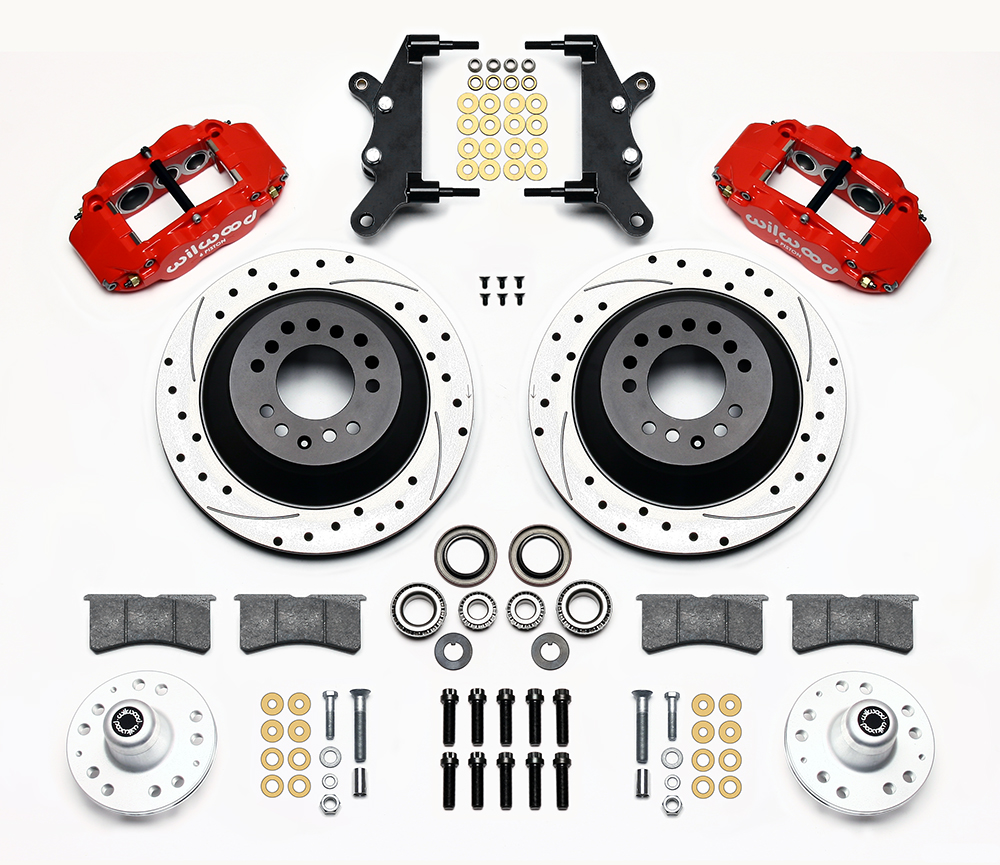 Wilwood Forged Narrow Superlite 6R Big Brake Front Brake Kit (Hub and 1PC Rotor) Parts Laid Out - Red Powder Coat Caliper - SRP Drilled & Slotted Rotor