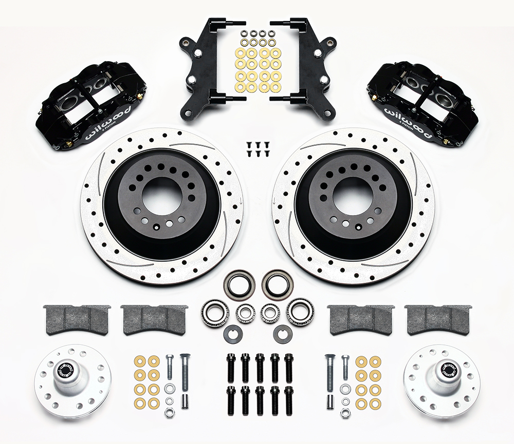 Wilwood Forged Narrow Superlite 6R Big Brake Front Brake Kit (Hub and 1PC Rotor) Parts Laid Out - Black Powder Coat Caliper - SRP Drilled & Slotted Rotor