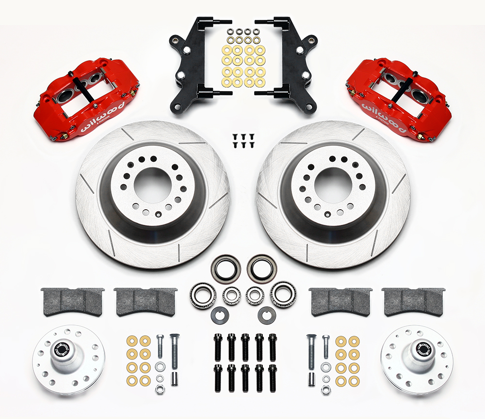 Wilwood Forged Narrow Superlite 6R Big Brake Front Brake Kit (Hub and 1PC Rotor) Parts Laid Out - Red Powder Coat Caliper - GT Slotted Rotor