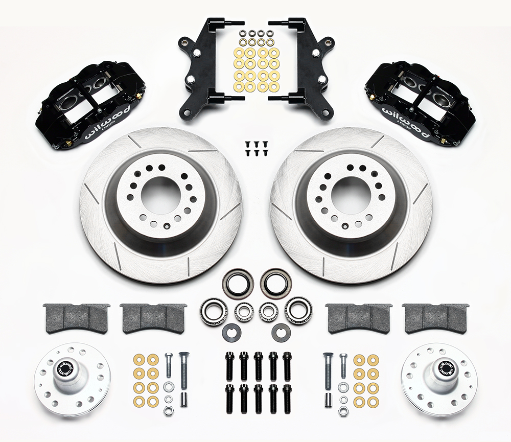 Wilwood Forged Narrow Superlite 6R Big Brake Front Brake Kit (Hub and 1PC Rotor) Parts Laid Out - Black Powder Coat Caliper - GT Slotted Rotor