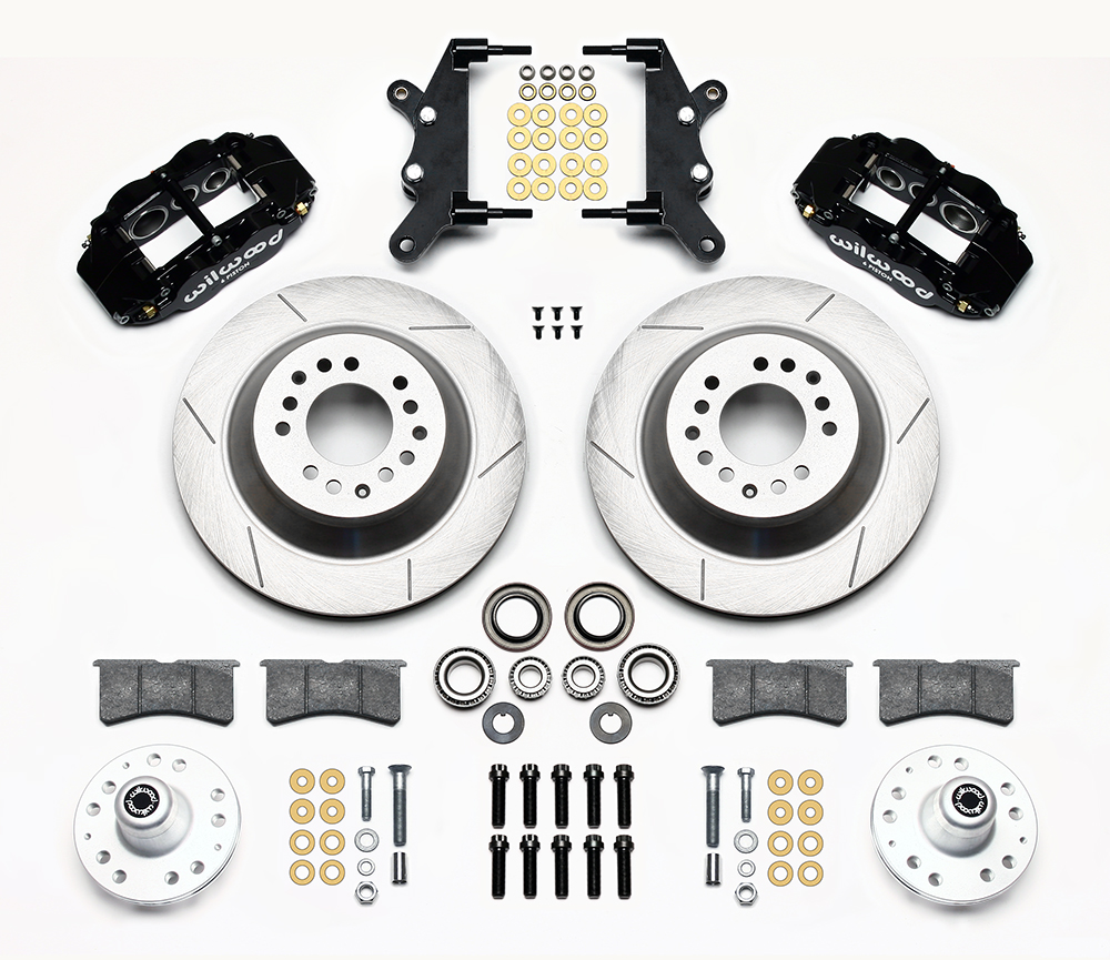 Wilwood Forged Narrow Superlite 6R Big Brake Front Brake Kit (Hub and 1PC Rotor) Parts Laid Out - Black Powder Coat Caliper - GT Slotted Rotor