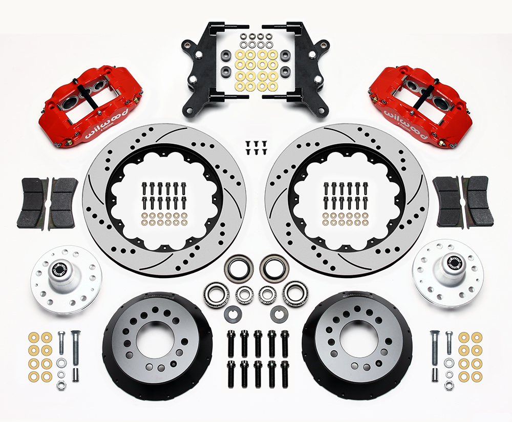 Wilwood Forged Narrow Superlite 6R Big Brake Front Brake Kit (Hub) Parts Laid Out - Red Powder Coat Caliper - SRP Drilled & Slotted Rotor