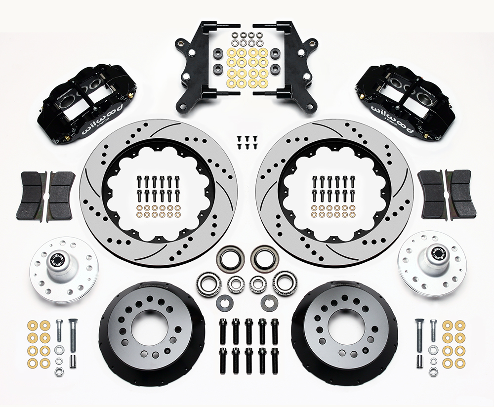 Wilwood Forged Narrow Superlite 6R Big Brake Front Brake Kit (Hub) Parts Laid Out - Black Powder Coat Caliper - SRP Drilled & Slotted Rotor