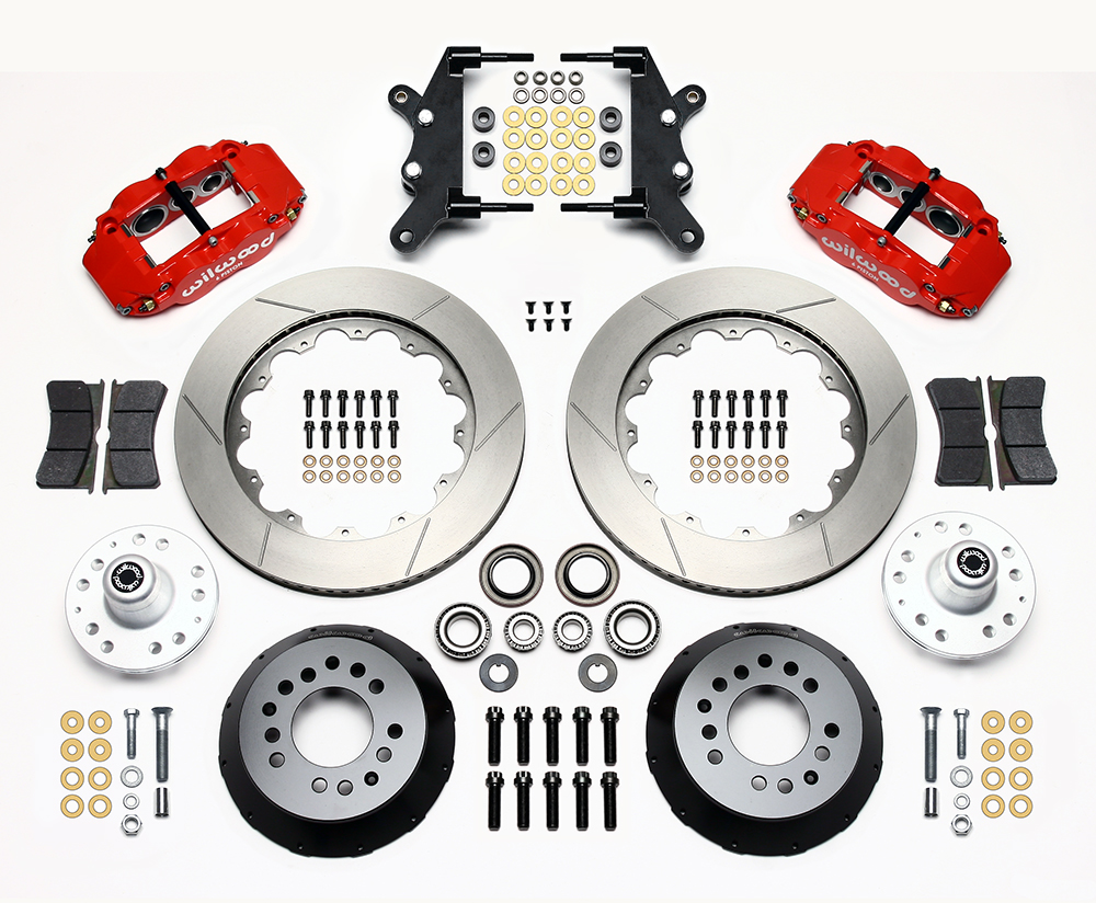 Wilwood Forged Narrow Superlite 6R Big Brake Front Brake Kit (Hub) Parts Laid Out - Red Powder Coat Caliper - GT Slotted Rotor