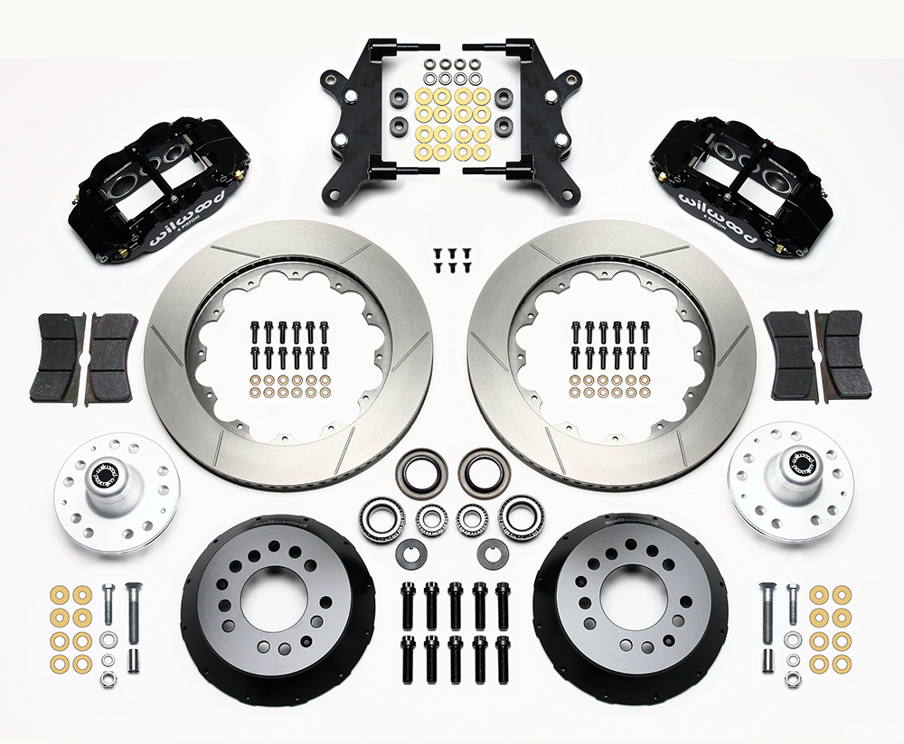 Wilwood Forged Narrow Superlite 6R Big Brake Front Brake Kit (Hub) Parts Laid Out - Black Powder Coat Caliper - GT Slotted Rotor