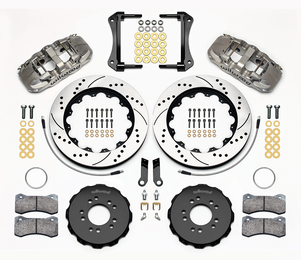 Wilwood AERO6 Big Brake Front Brake Kit Parts Laid Out - Nickel Plate Caliper - SRP Drilled & Slotted Rotor