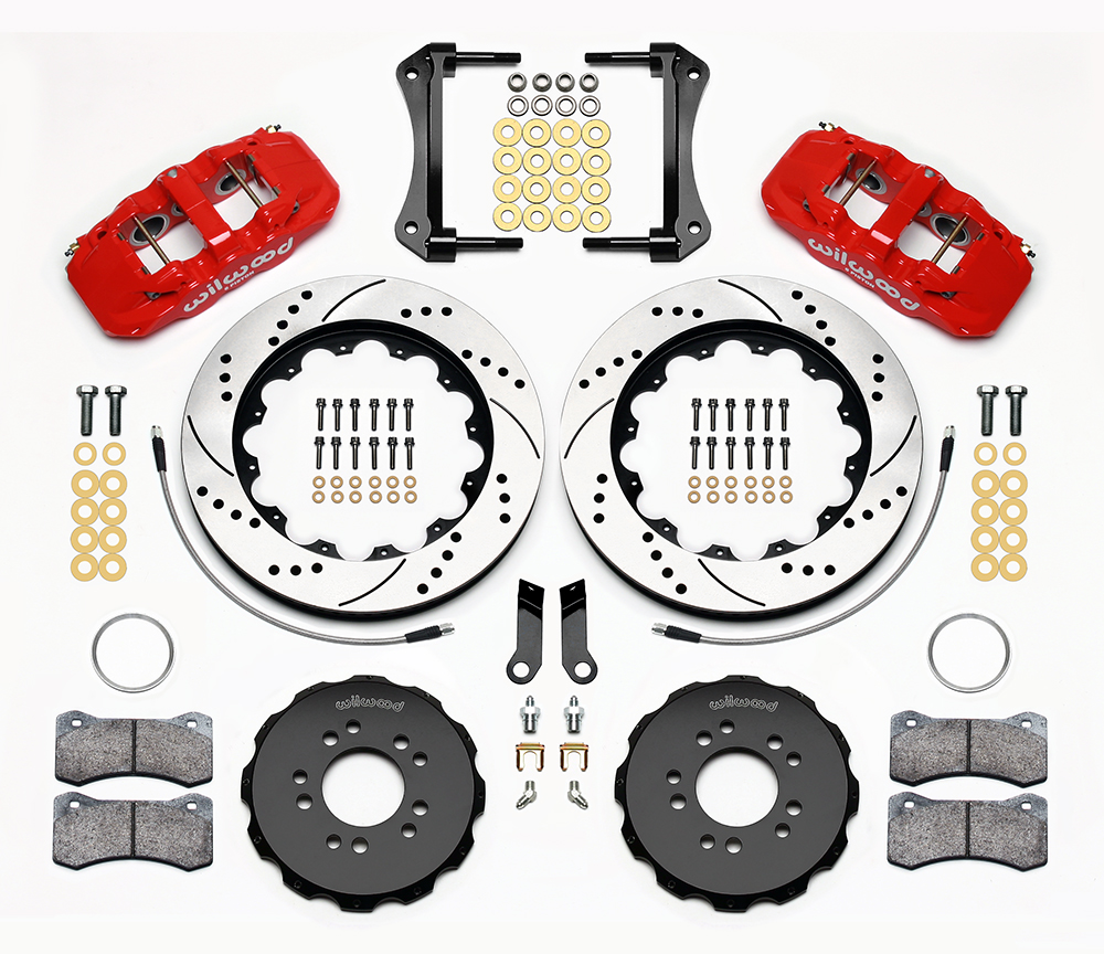 Wilwood AERO6 Big Brake Front Brake Kit Parts Laid Out - Red Powder Coat Caliper - SRP Drilled & Slotted Rotor