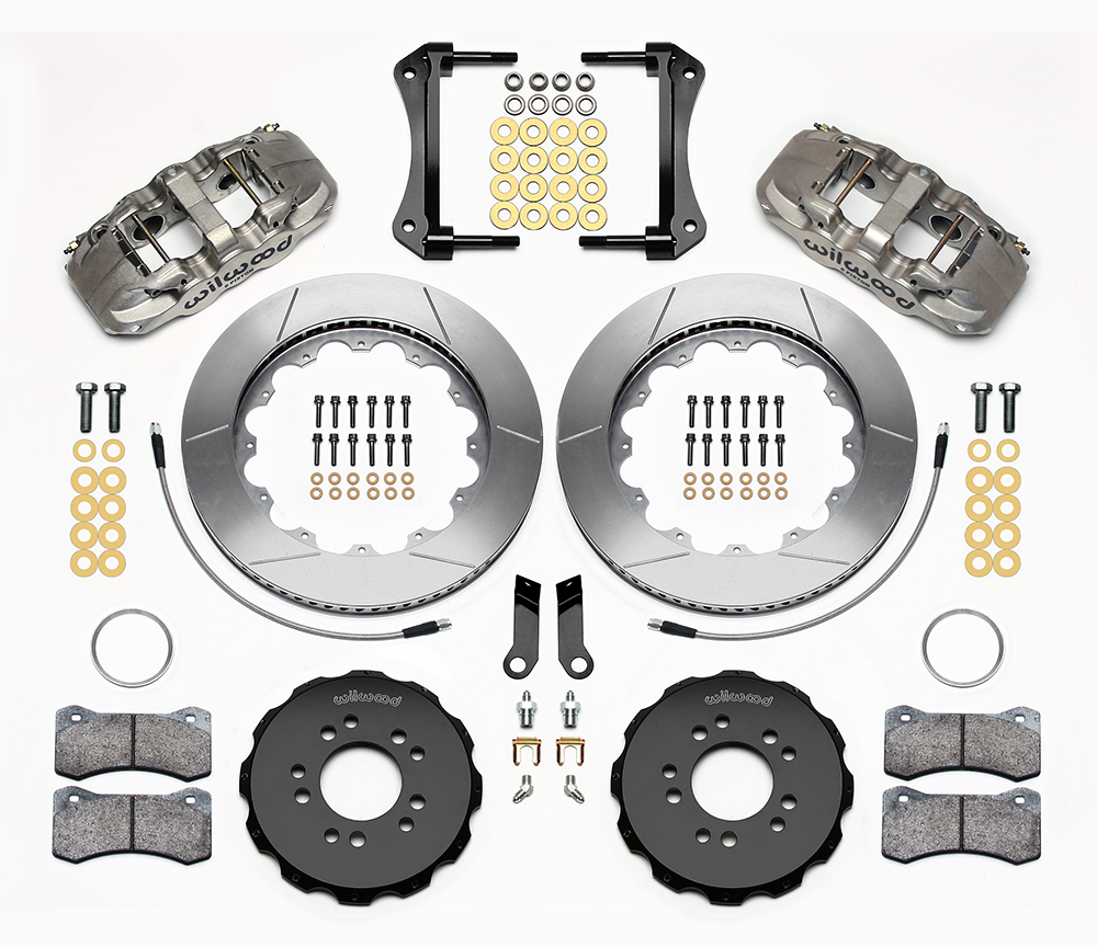 Wilwood AERO6 Big Brake Front Brake Kit Parts Laid Out - Nickel Plate Caliper - GT Slotted Rotor