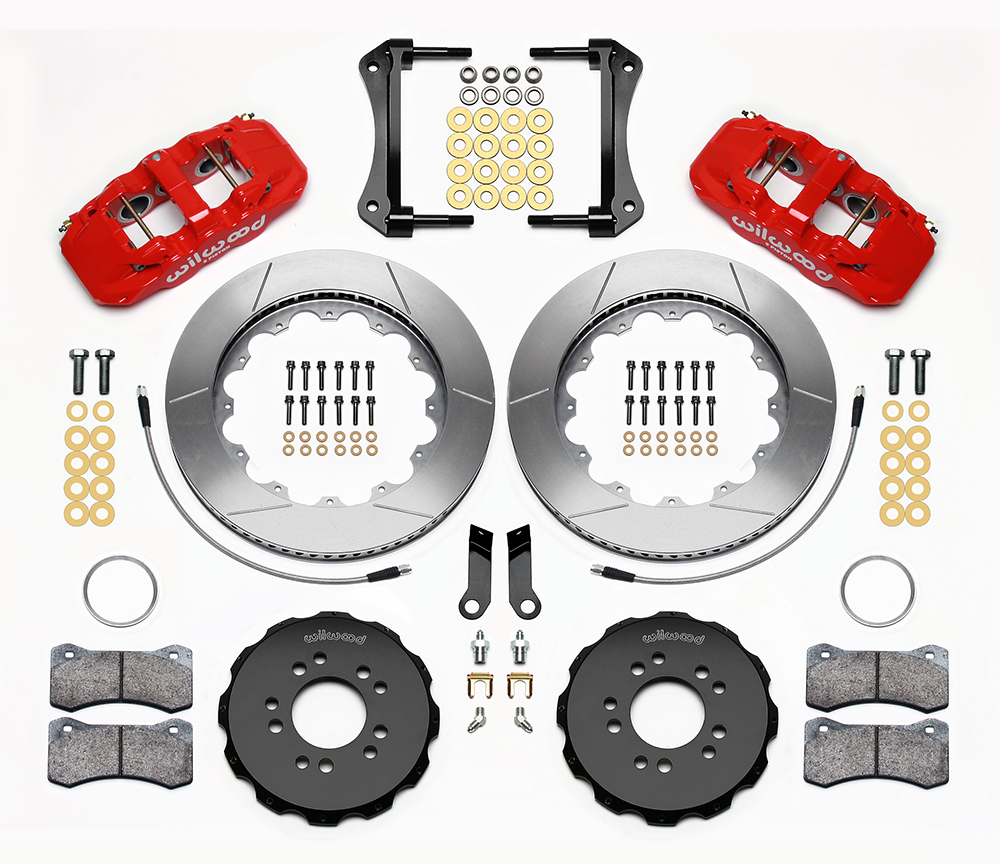 Wilwood AERO6 Big Brake Front Brake Kit Parts Laid Out - Red Powder Coat Caliper - GT Slotted Rotor