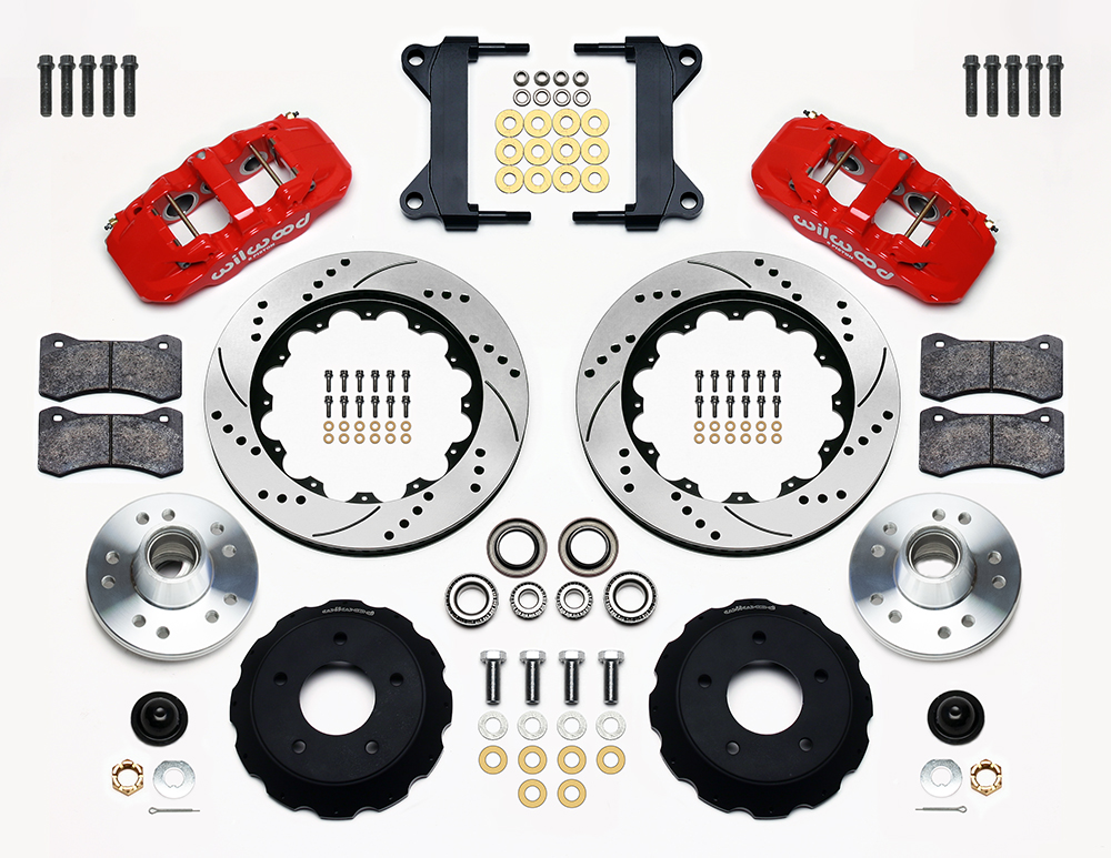 Wilwood AERO6 Big Brake Front Brake Kit Parts Laid Out - Red Powder Coat Caliper - SRP Drilled & Slotted Rotor